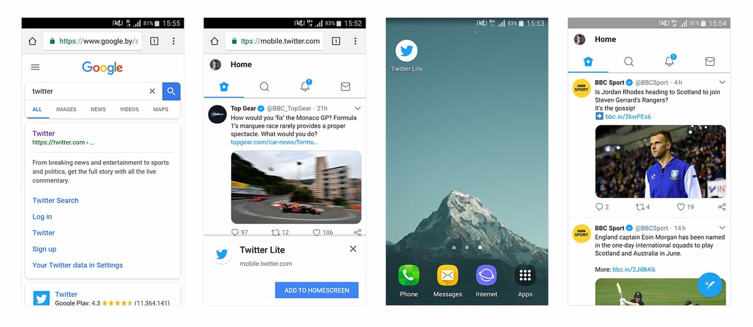 screenshots of twitter pwa