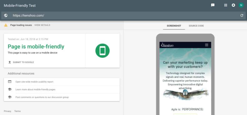 screenshot of mobile-friendly kenshoo website