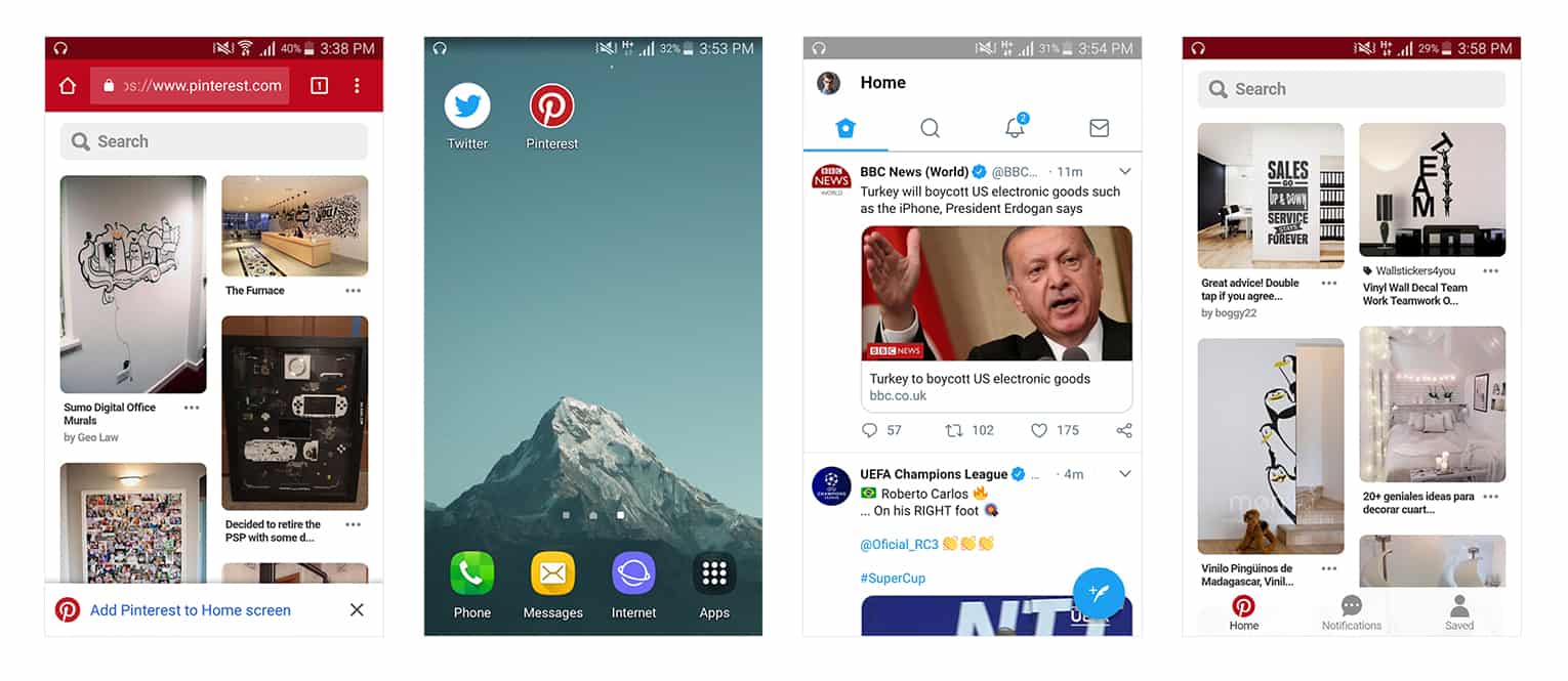 screenshot of pinterest and twitter pwas