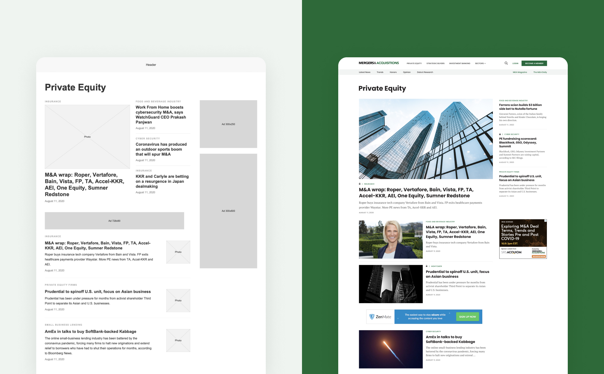 Mergers & Acquisitions UX prototype and UI design