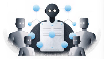 Illustration of connected human-like figures, representing an artificial intelligence network sharing information.