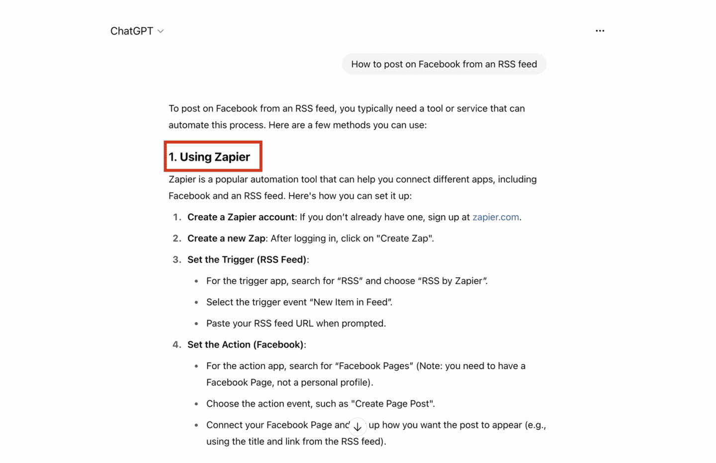 Chat GPT mentioning Zapier