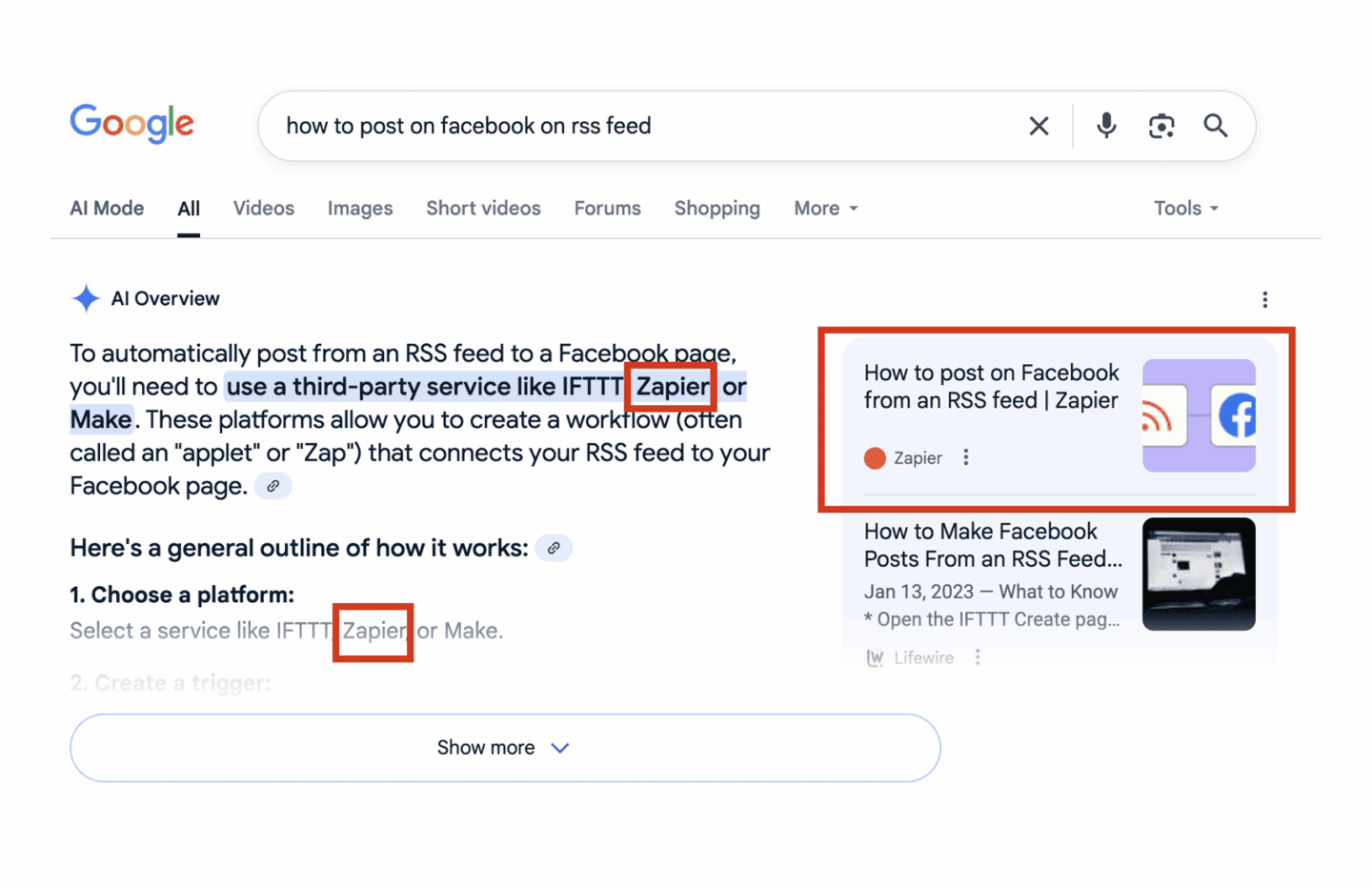 AI overview mentions Zapier
